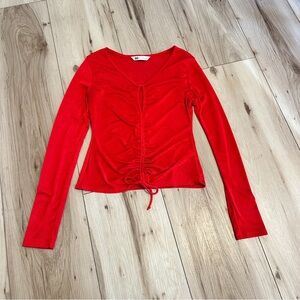 Red Long Sleeve Ruched Top.